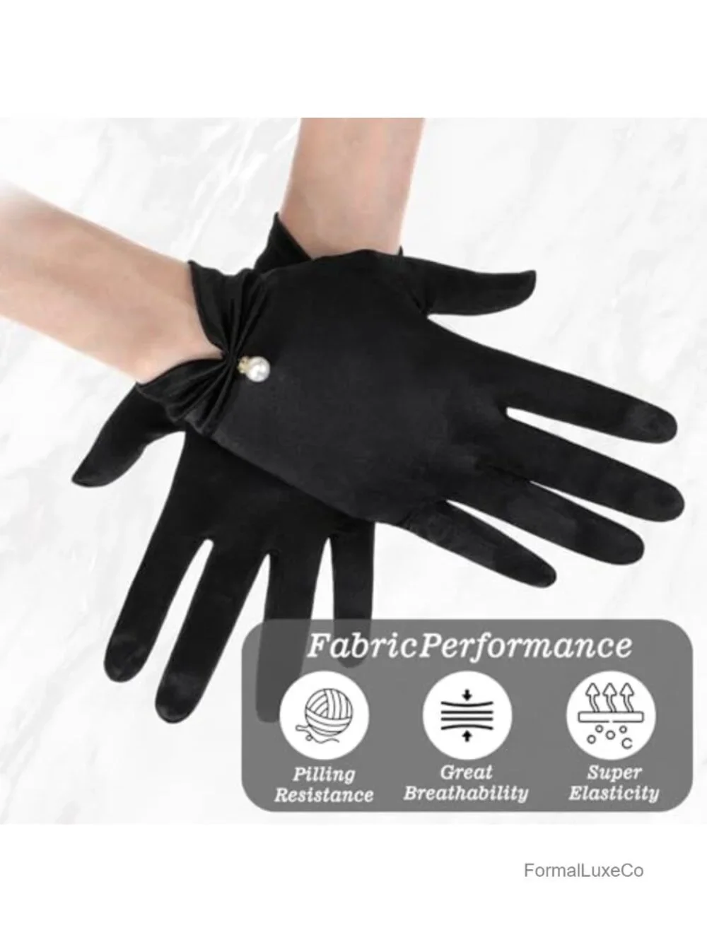 Elegant Black Satin Gloves for Women with Pearl, Formal Opera Bridal Accessory